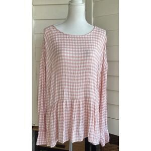 Time and Tru Women's XL Pink Gingham Long Sleeve Crinkle Peplum Blouse New
